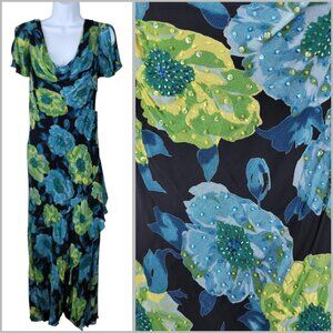 NEW Vintage Party Slip Dress size 12 Floral Beaded Layered Ruffle Maxi Long Blue